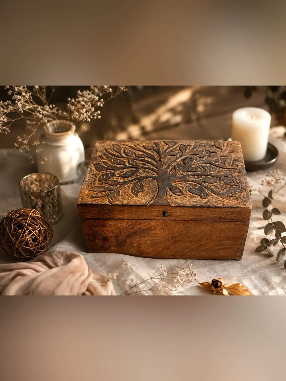 Hand Carved Solid Wood Keepsake Box – Tree of Life Decorative Storage Box